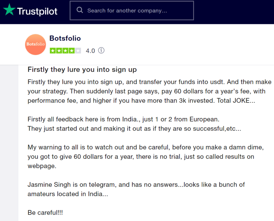 Negative review of Botsfolio on Trustpilot.